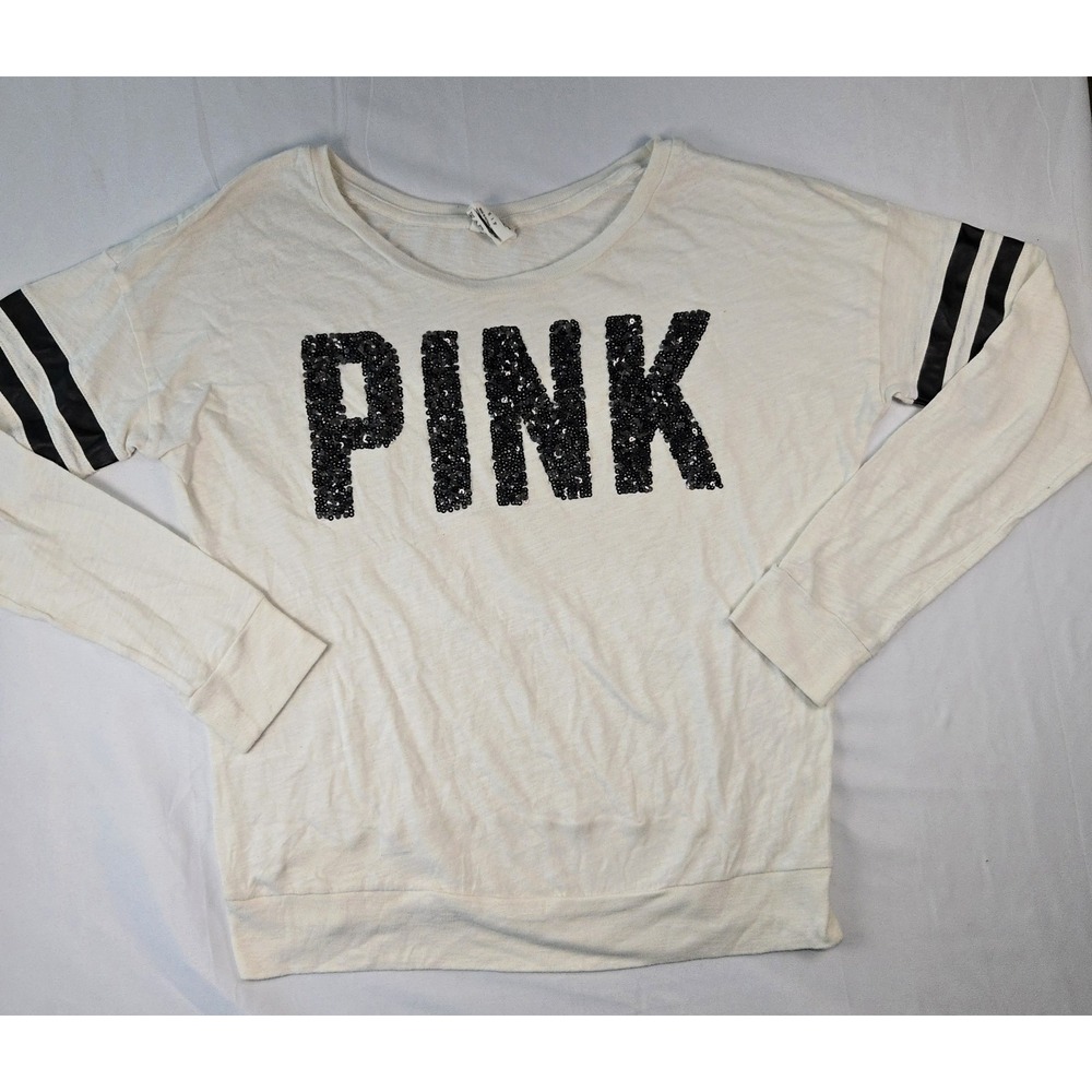 Victoria's Secret PINK Cream L/S Top Black Sequin Bling Logo Sz Small Campus Tee